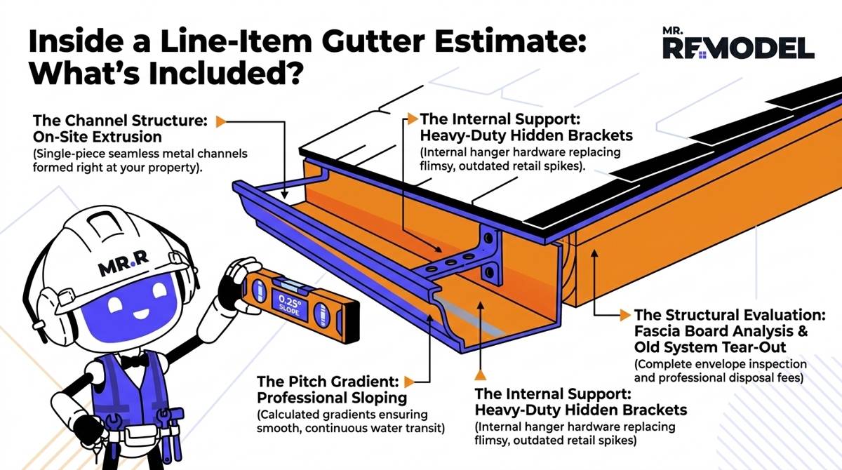 A 2026 gutter estimate infographic breaking down a professional seamless quote, highlighting line items like hidden brackets, on-site extrusion, and sloped gradients.